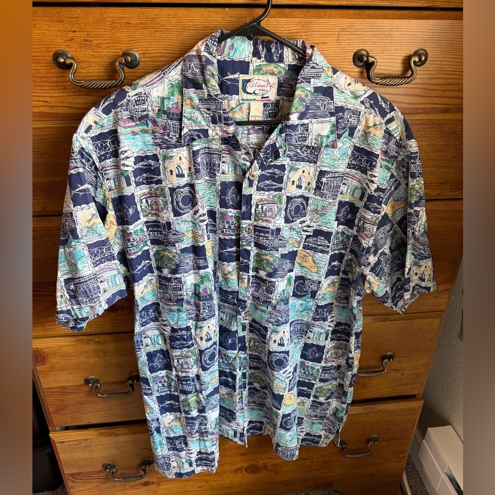 Vintage blue water shirt w architectural landmarks & landscapes size large